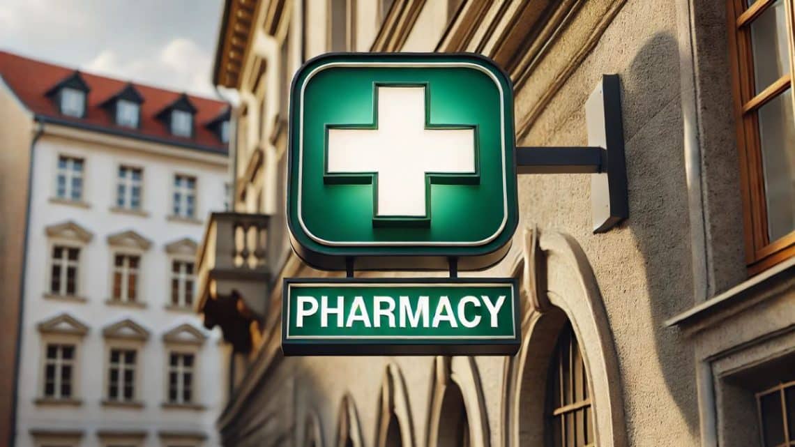 Zelená lekárenská tabuľka s bielym krížom a nápisom "Pharmacy" na budove v európskom štýle, za denného svetla.