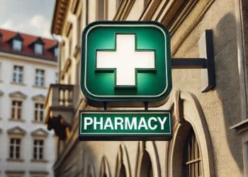 Zelená lekárenská tabuľka s bielym krížom a nápisom "Pharmacy" na budove v európskom štýle, za denného svetla.