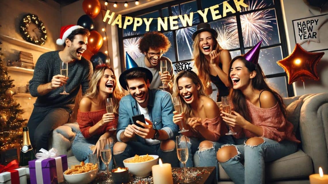 Skupina mladých ľudí oslavuje Silvester a privítanie Nového roka 2025 v útulnej obývačke. S úsmevmi na tvárach, šampanským v rukách a ozdobeným priestorom plným svetiel a balóny s nápisom "Happy New Year" vytvárajú veselú atmosféru.