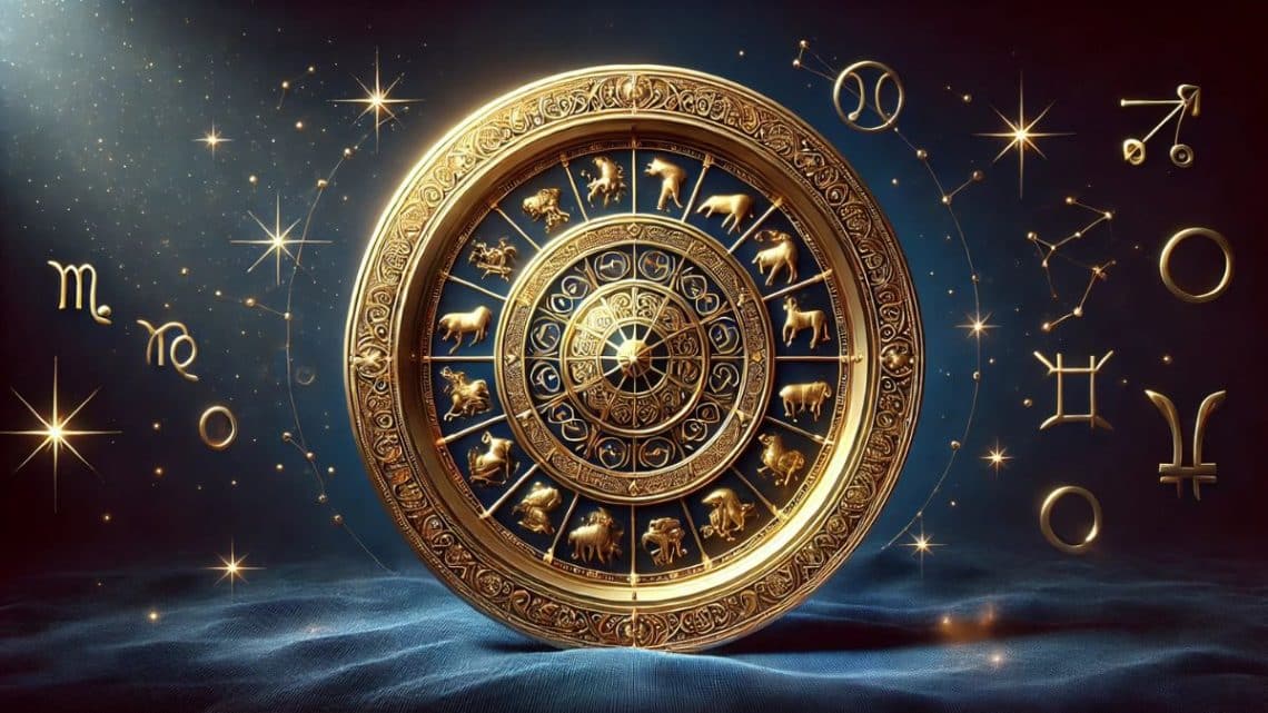 Luxusný zlatý zverokruh so všetkými 12 astrologickými znameniami, elegantne umiestnený na tmavomodrom zamatovom pozadí s jemne žiariacimi súhvezdiami a hviezdami.