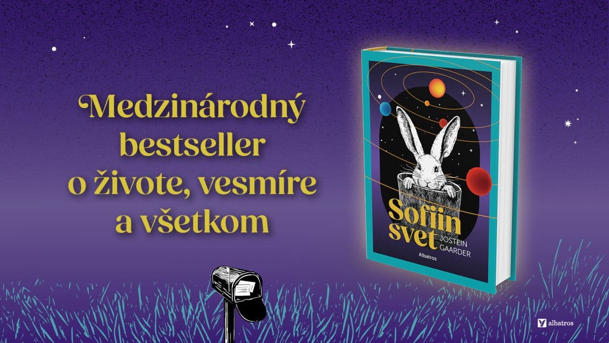 Obálka knihy Sofiin svet od Josteina Gaardera na fialovom nočnom pozadí s hviezdami, poštovou schránkou a textom „Medzinárodný bestseller o živote, vesmíre a všetkom.“